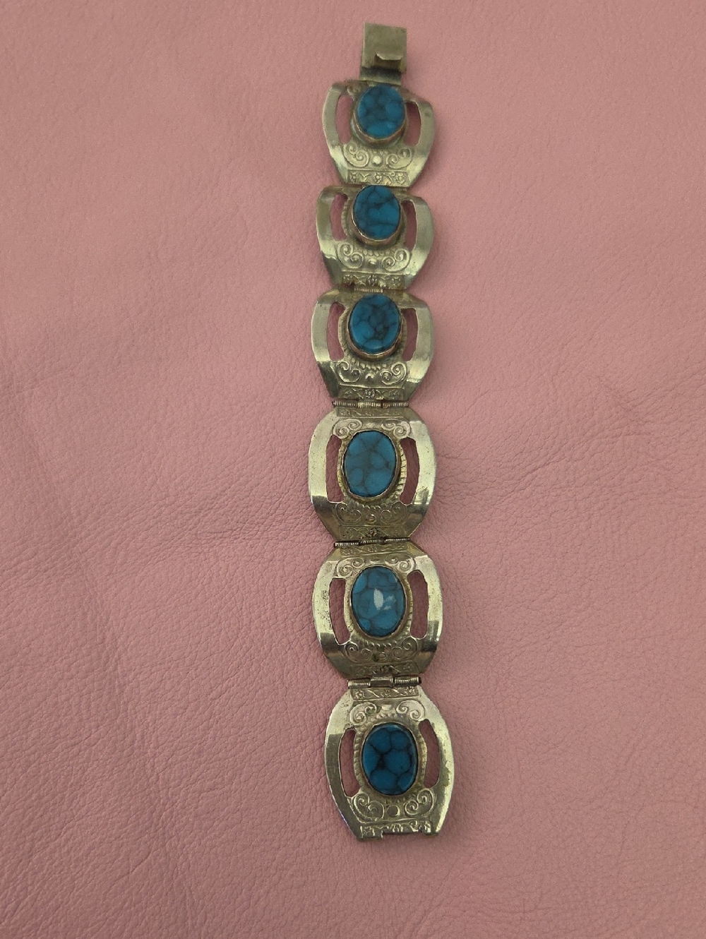 Beutiful Alpaca Metal Panel Bracelet with Glass Beads  Turquoise Color